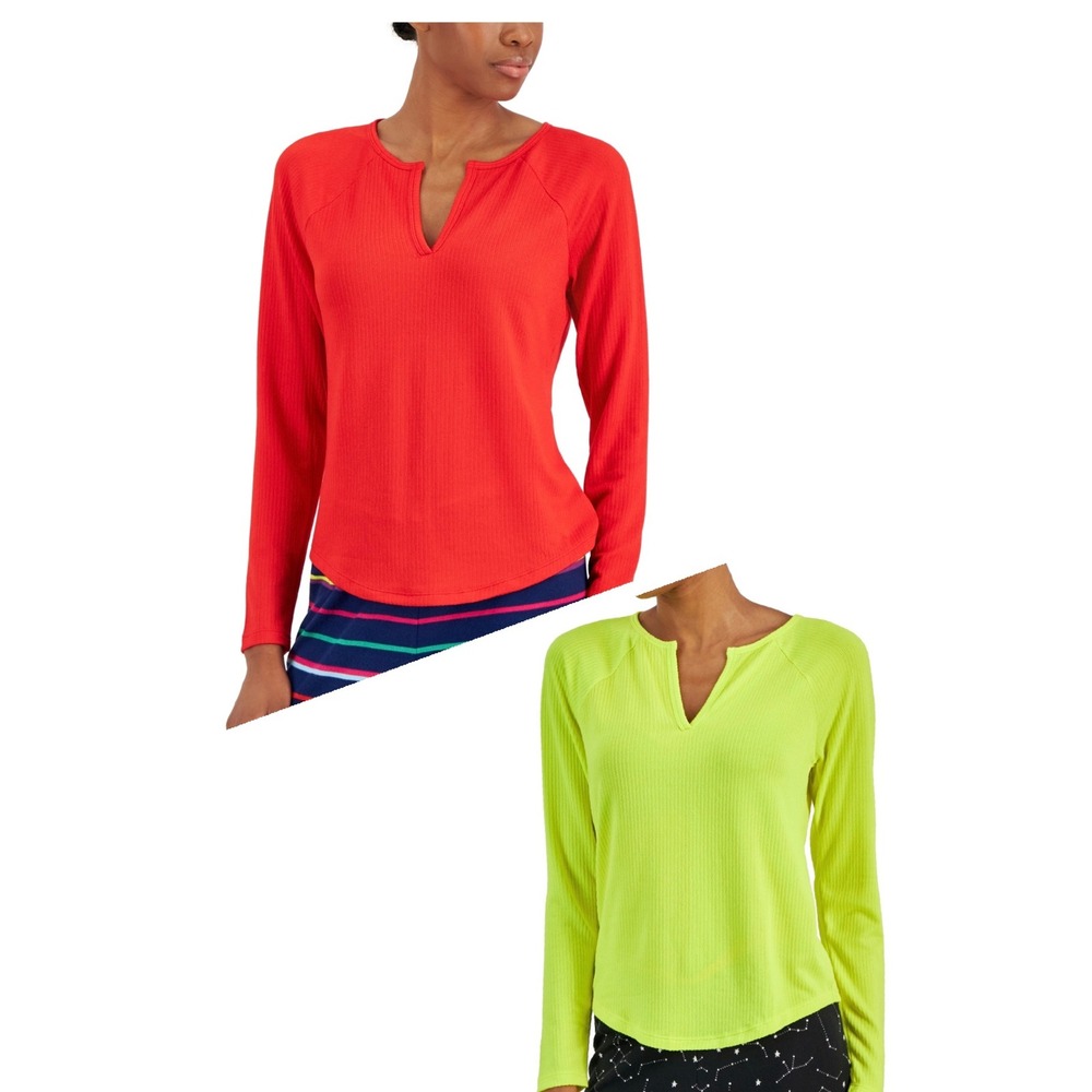 Jenni Women's Split-Neck Pajama Top Bundle of 2 - Red - Yellow - Size Small